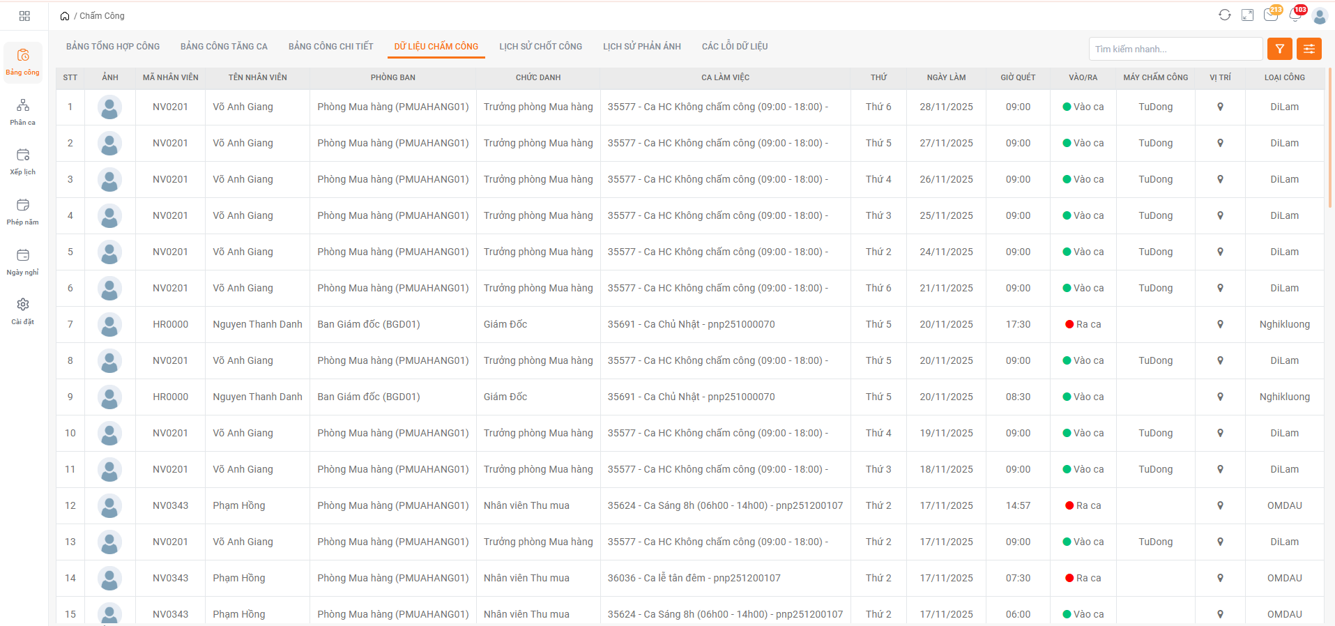 Quản lý chi tiết lịch sử chấm công