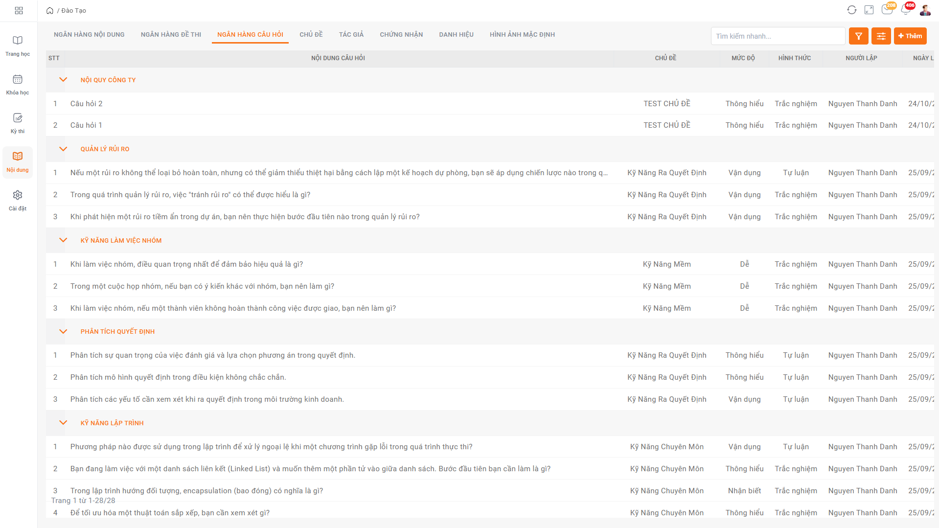 Quản lý ngân hàng câu hỏi và đánh giá đào tạo với HrOnline