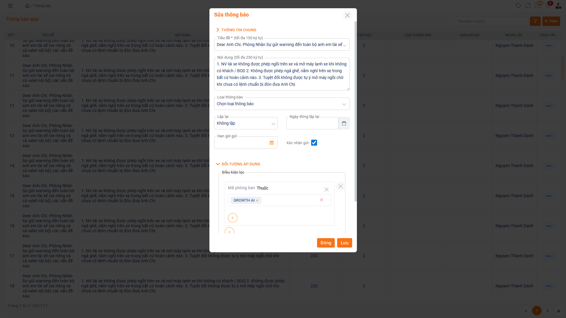 Quản lý người nhận và phân quyền thông báo