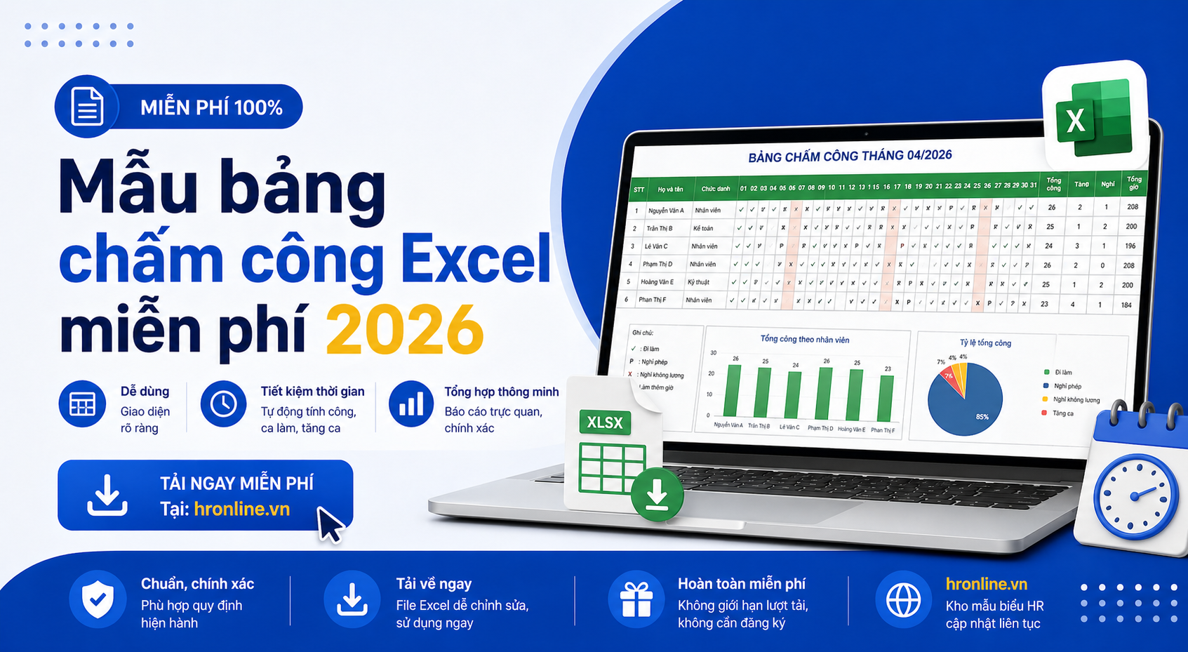 Mẫu Bảng Chấm Công Excel Miễn Phí 2026 [Download Ngay] | HrOnline Blog