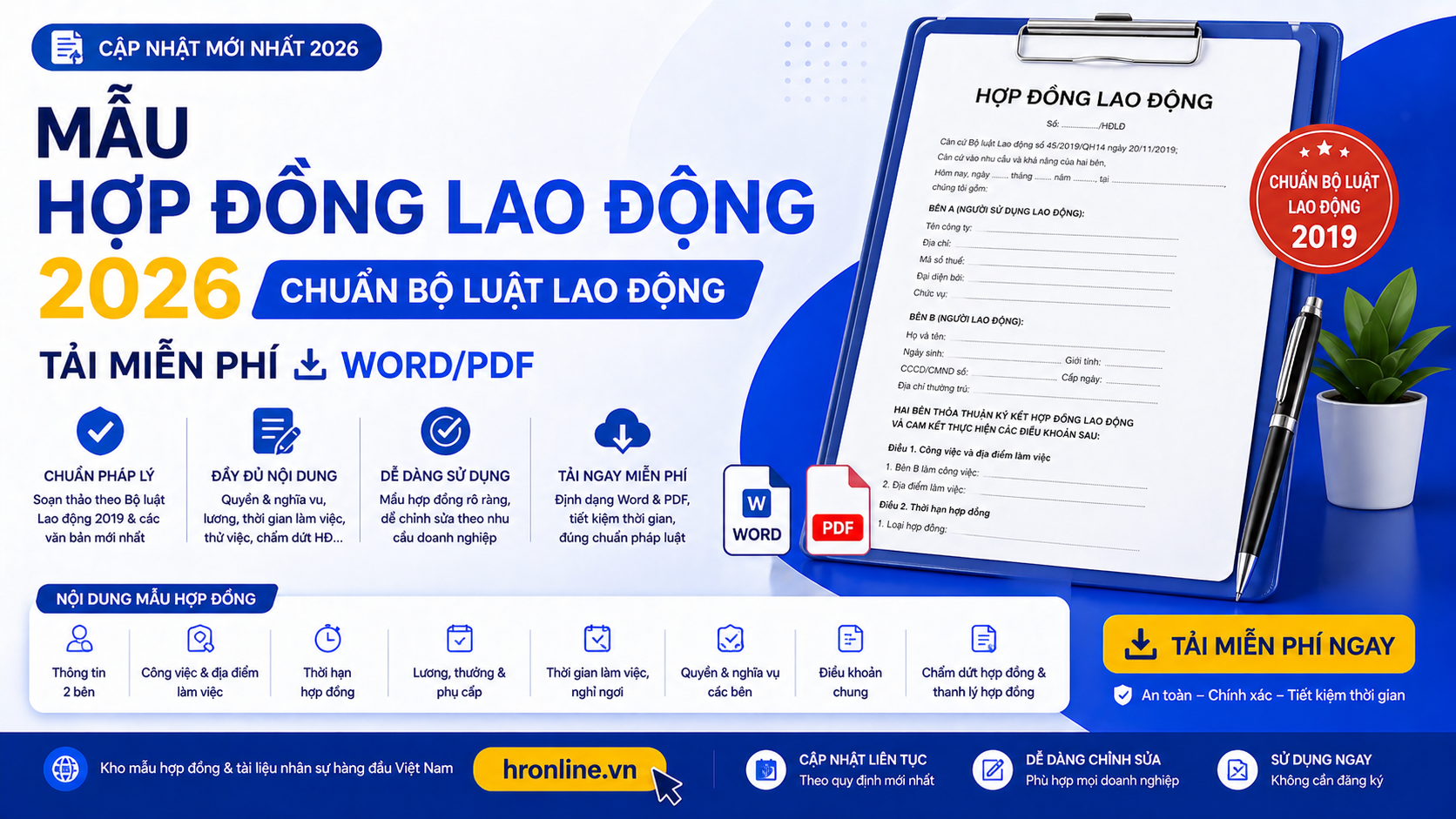 Mẫu Hợp Đồng Lao Động 2026 Chuẩn Bộ Luật Lao Động — Tải Miễn Phí Word/PDF | HrOnline Blog
