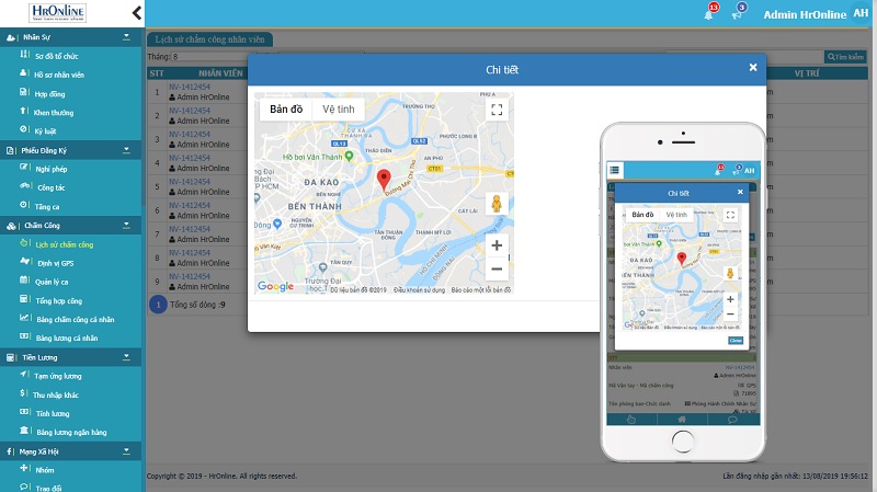 Phần mềm chấm công tính lương HrOnline chấm công bằng định vị GPS